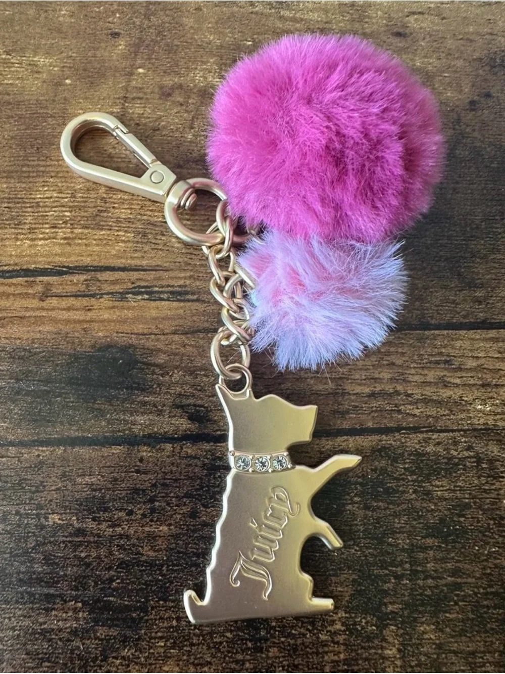 Juicy Couture Bag Charm Pink Pom-Pom & Metal Gold-Tone Dog Keychain NWOT
